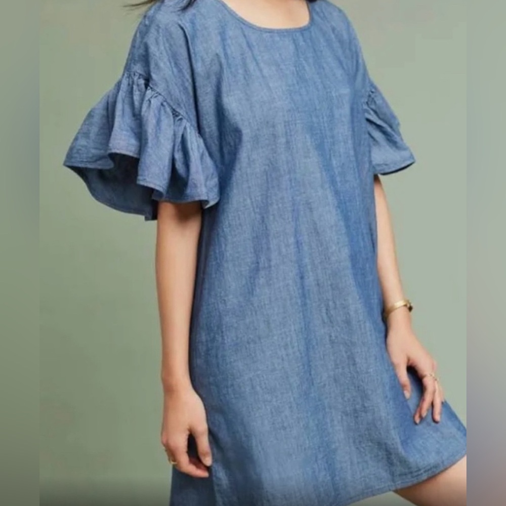 Maison Labiche Paris Anthropologie Denim Mini Dress Frill Sleeves XS Feminine